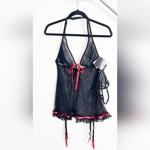 Frederick's of Hollywood Black Mesh Lingerie with Hot Pink Ribbon Details